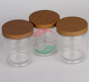 Wooden Lid Silk Screen Clear Pet Jars for Beans , PET Plastic Jars