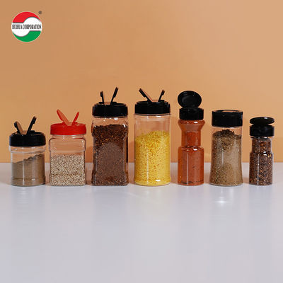 Eco-friendly Flip Top PET Condiment Plastic Jar Square Red / Black Spice Seasoning Cans