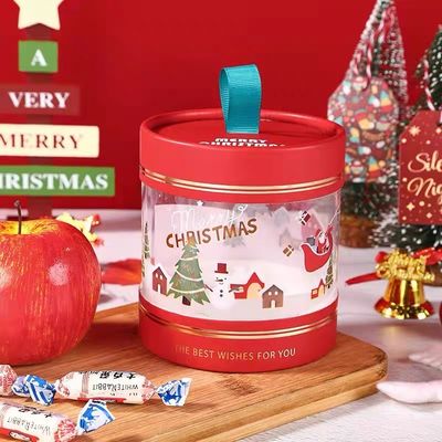 Christmas Cylinder Paper Tube Packaging with Window for Nuts & Kernels in Cardboard Box