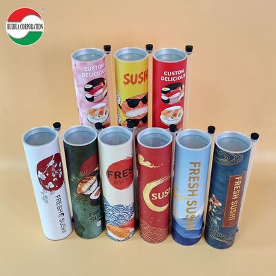Custom Eco-Friendly Food Grade Craft Paper Sushi Push Pop Roll Packaging Cylinder Take-away Sushi Roll Tubes Hot Stamping Logo